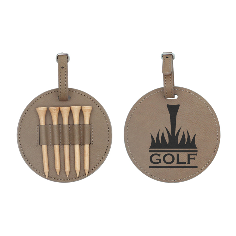Laserbarer Runder Kunstleder-Golftaschenanhänger Mit 5 Holztees Laserbarer Runder Kunstleder-Golftaschenanhänger Mit 5 Holztees