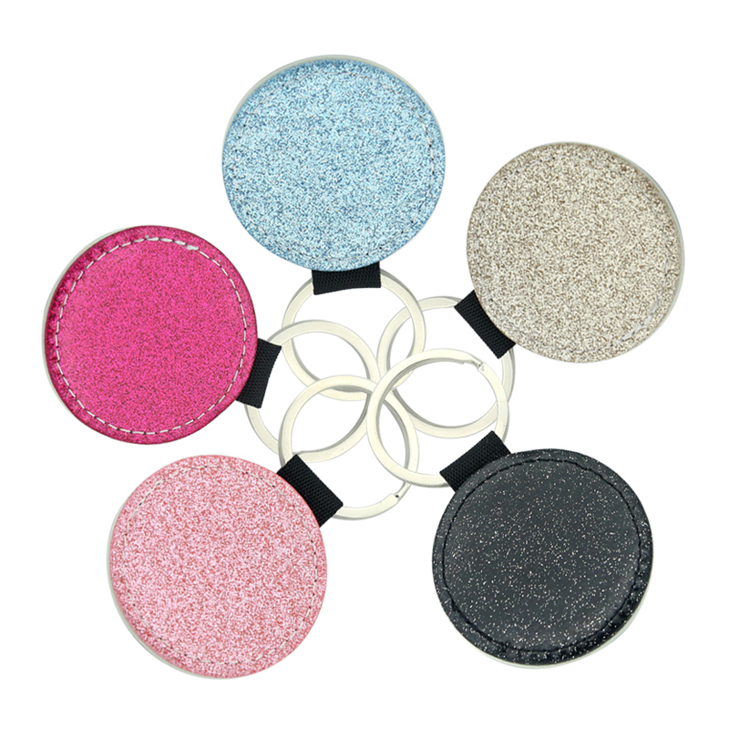 Runder Schlüsselanhänger aus glitzerndem Kunstleder mit Sublimationsmuster – einseitiger Druck